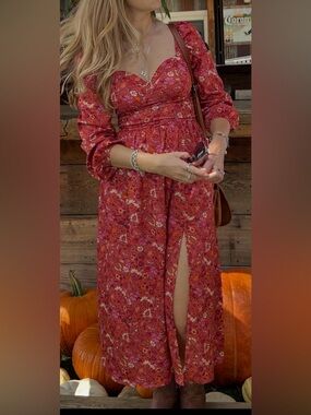Rust Floral Midi Dress with Long Puff Sleeves